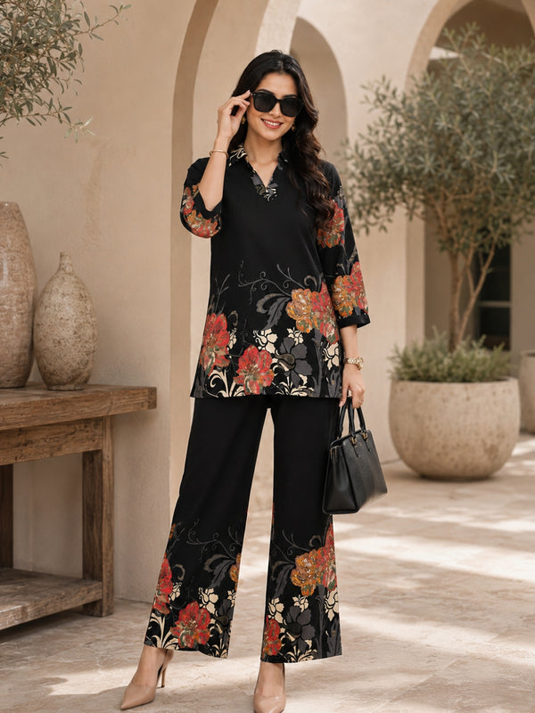 Black Floral Viscose Rayon Casual Co-ord Set for Women