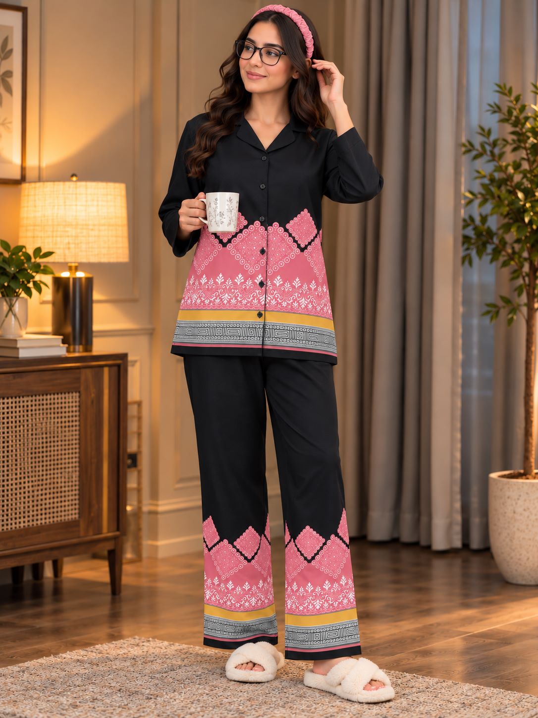 Black Midnight Charm Printed Lapel Collar Rayon Night Suit | Claura