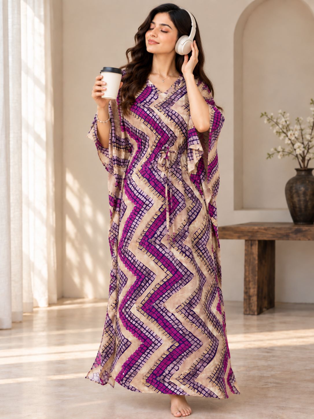 Purple Geometric Print V-Neck Kaftan Maxi Dress For Women | Claura