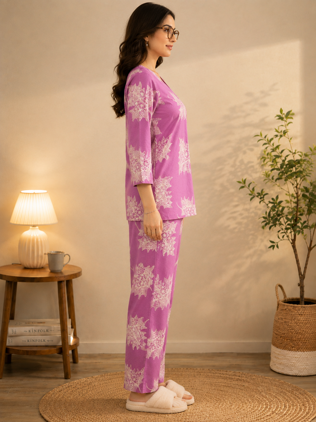 Pink Floral Printed Pure Rayon V-Neck Night Suit for Women | Claura
