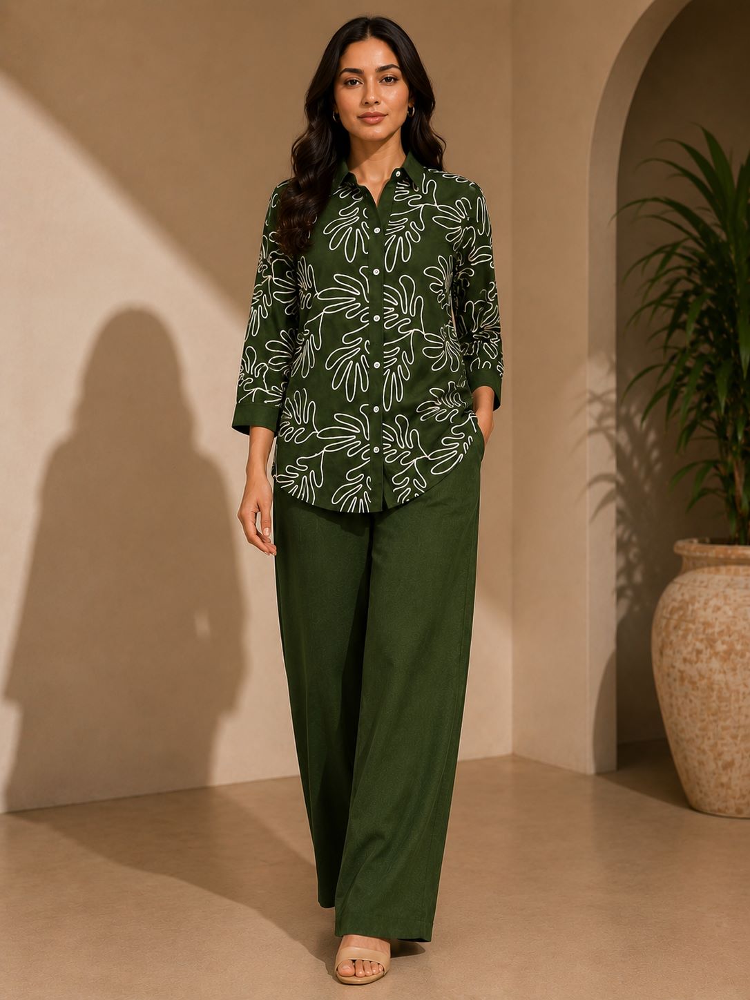 Olive Green Embroidered Linen Co-ord Set | Claura