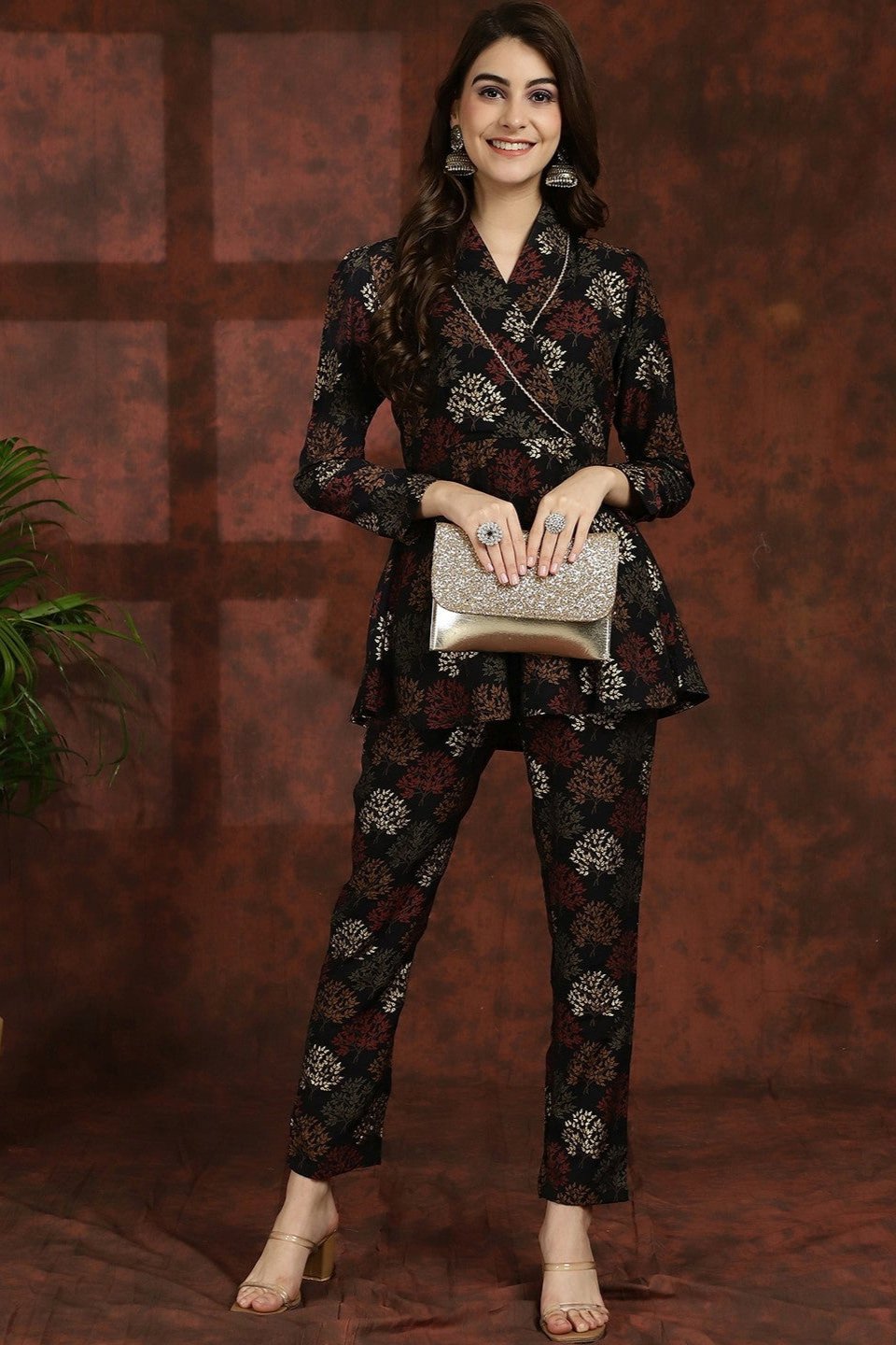 Black Co-Ord Set with flared trousers and V-neck tunic
