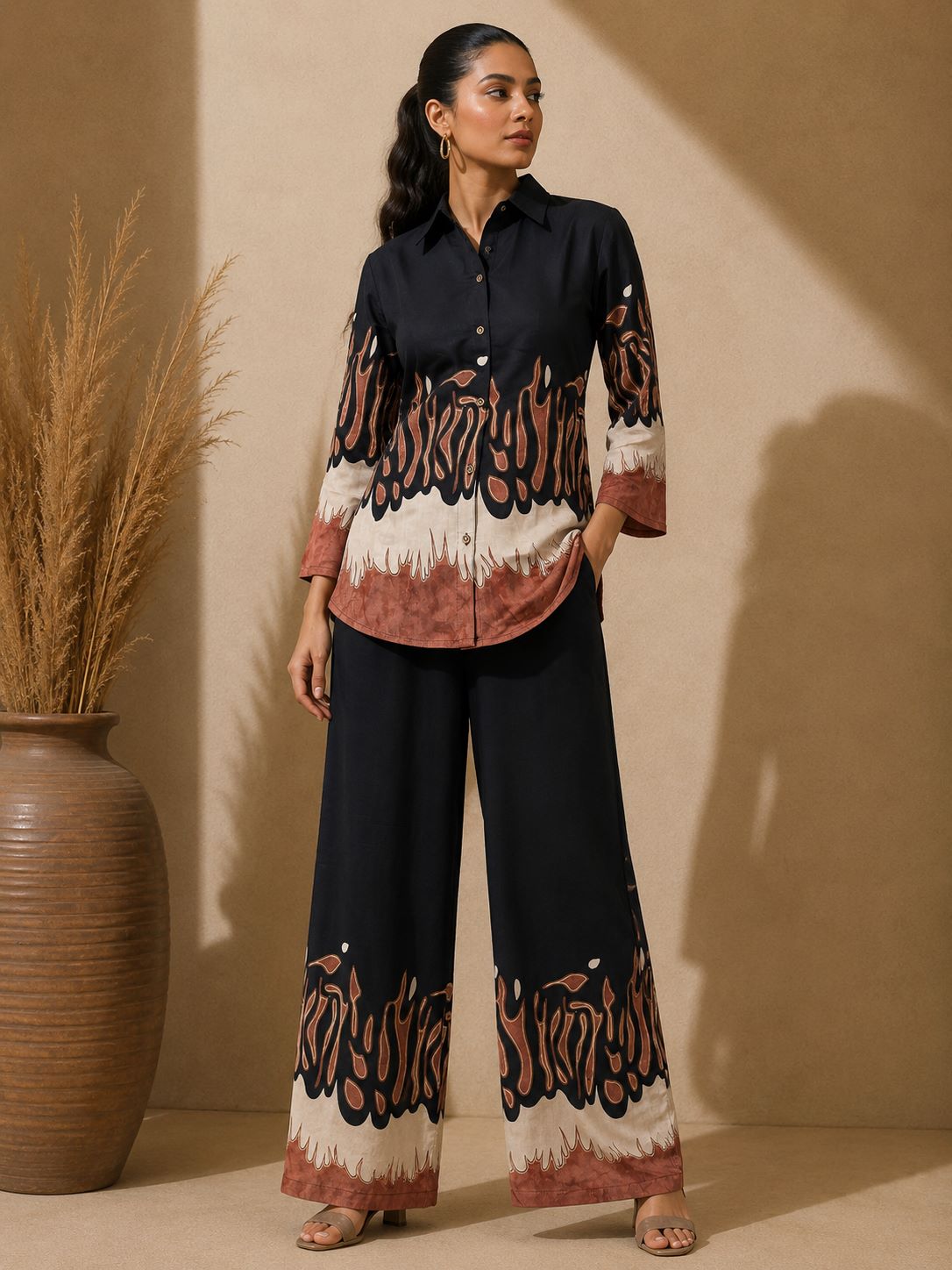 Black Color Abstract Printed Silk Co-Ord Set For Women | Claura