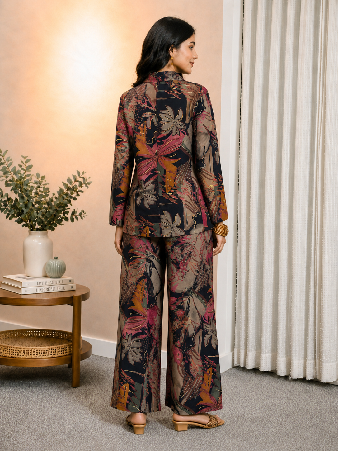 Navy Blue Floral Printed Chanderi Silk Co-Ord Set for Women | Claura