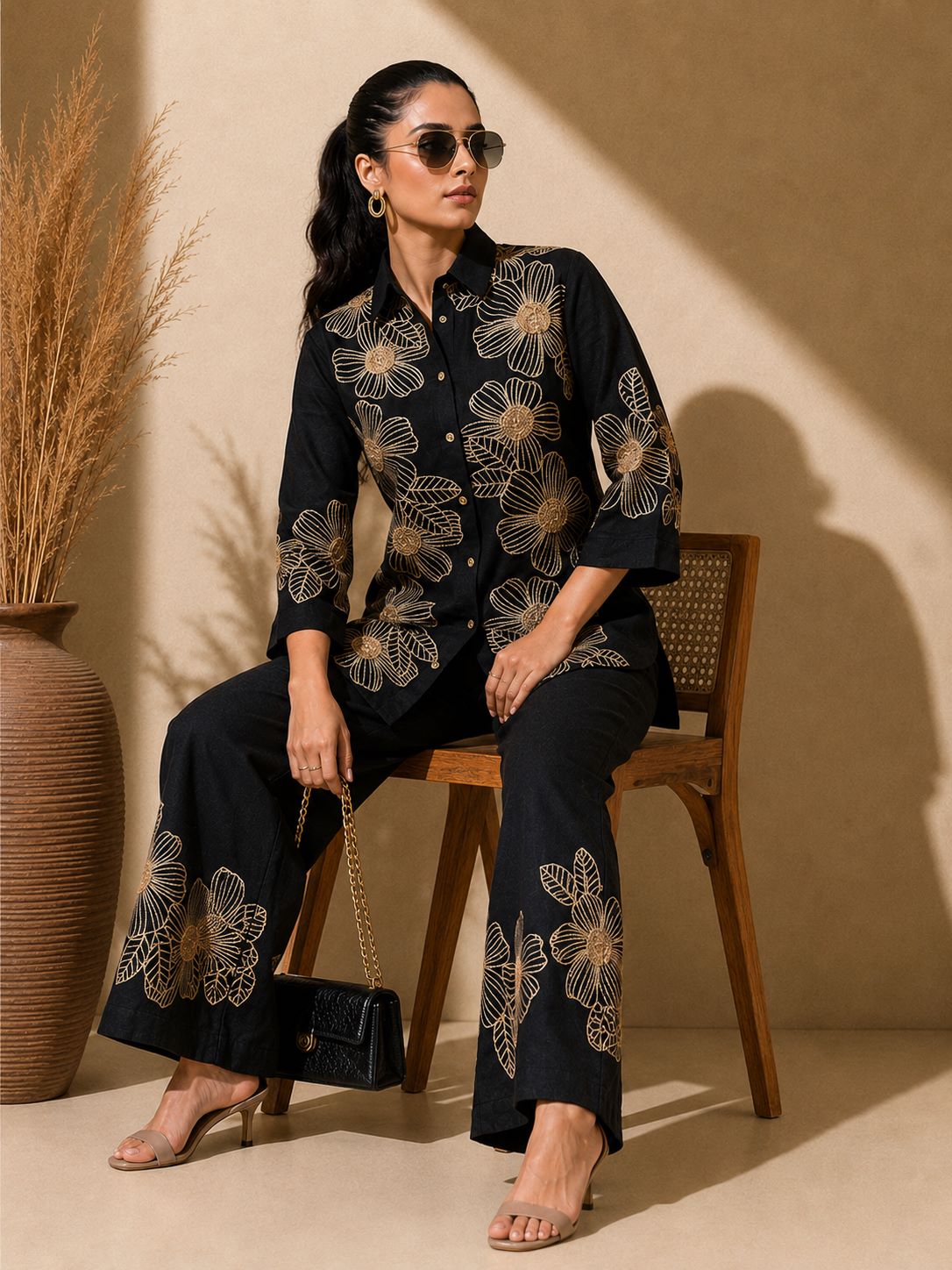 Black Embroidered Shirt Collar Co-ord Set | Claura