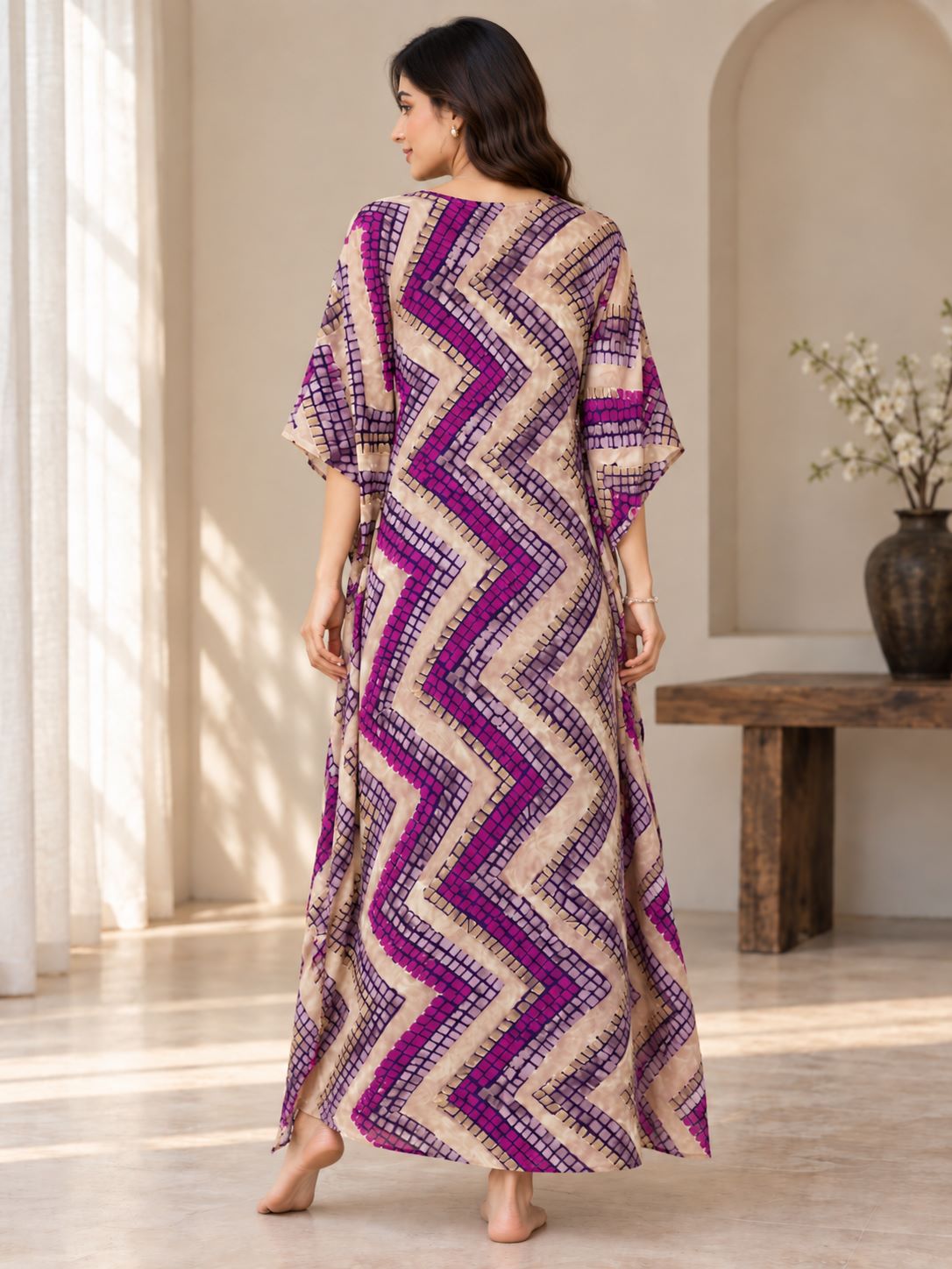 Purple Geometric Print V-Neck Kaftan Maxi Dress For Women | Claura