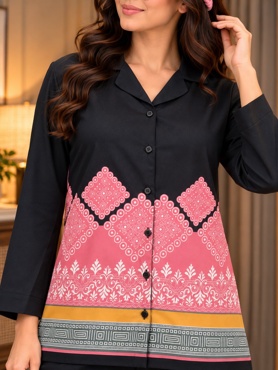 Black Midnight Charm Printed Lapel Collar Rayon Night Suit | Claura