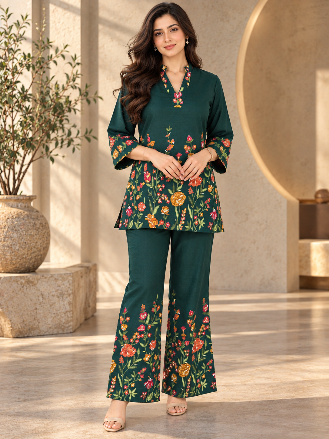 Green Romantic Bloom Printed Tunic with Palazzos | Claura