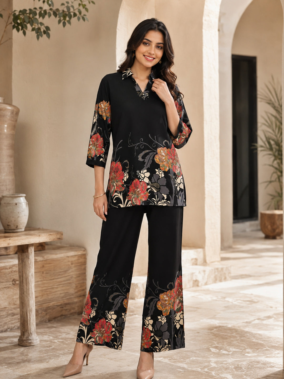 Black Floral Viscose Rayon Casual Co-ord Set for Women