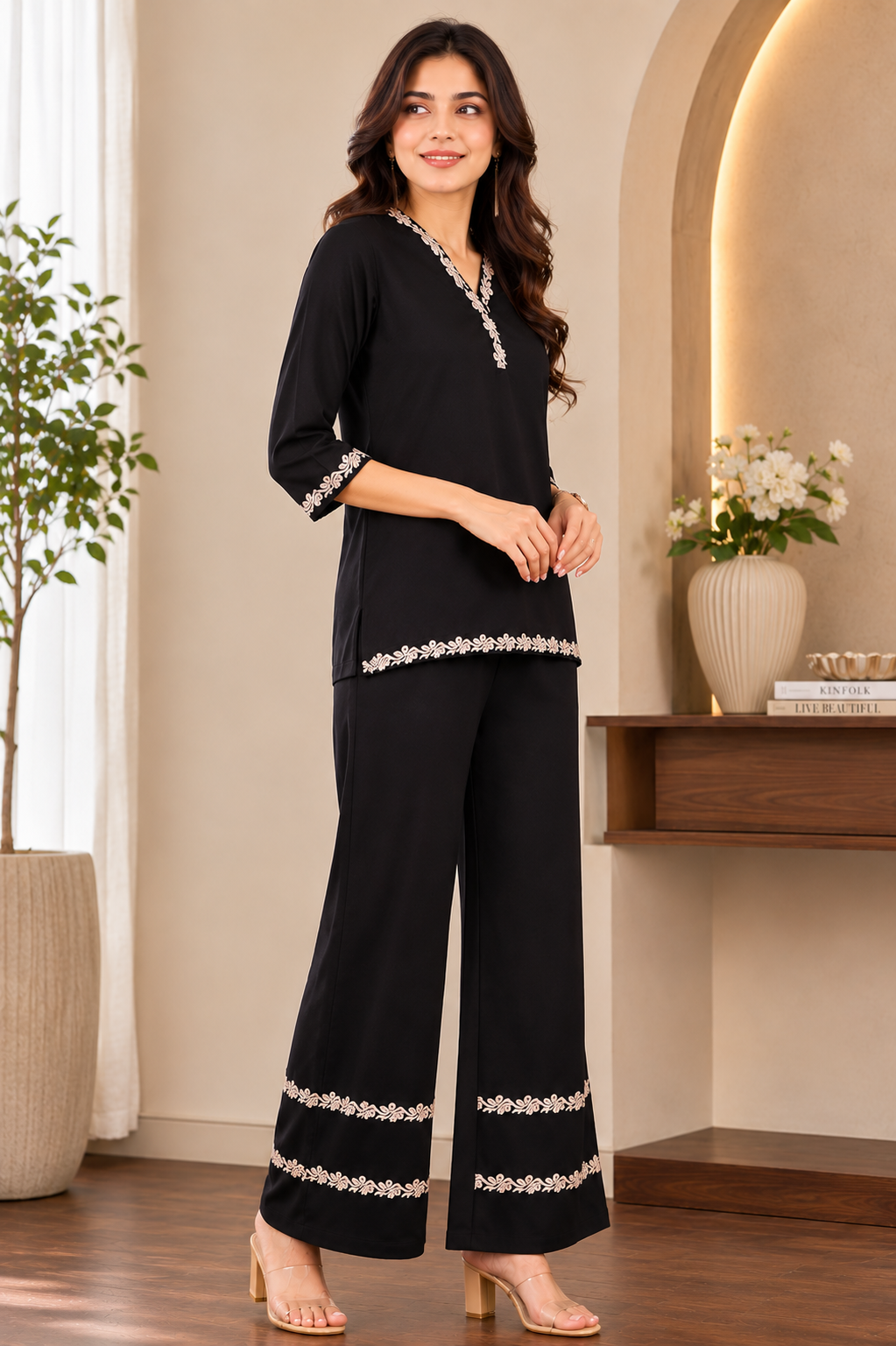 Black Embroidered Tunic & Trouser Viscose Rayon Co-Ord Set