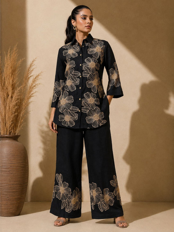 Black Embroidered Linen Blend Shirt Collar Co-ord Set Women