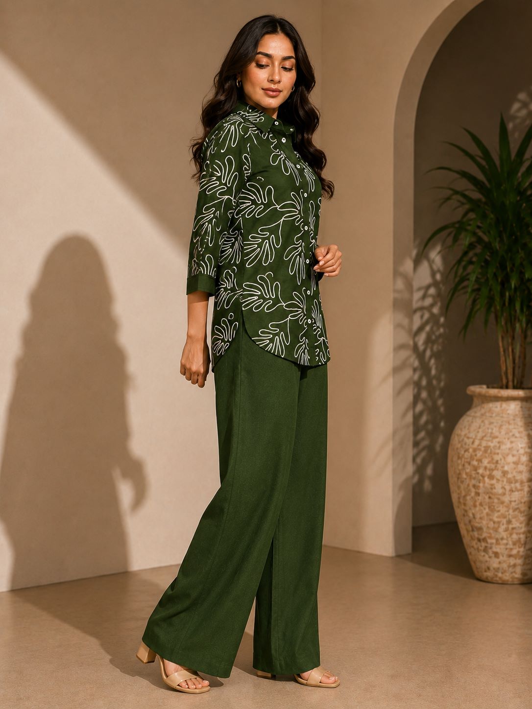 Olive Green Embroidered Linen Co-ord Set | Claura