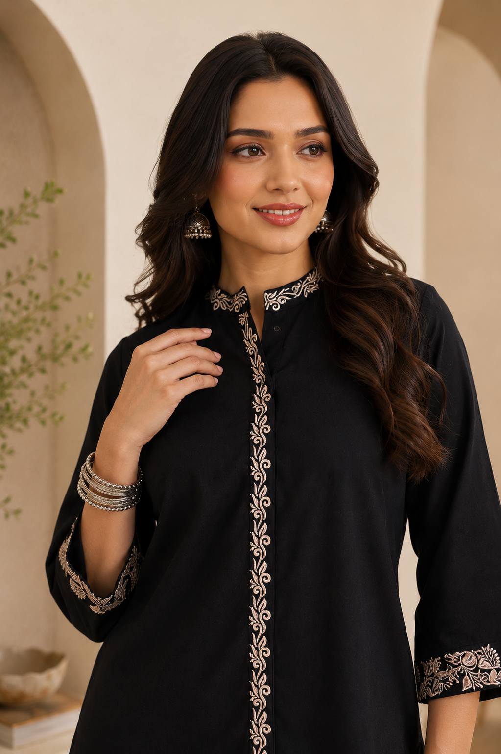 Black Floral Embroidered Viscose Rayon Co-Ord Set for Women