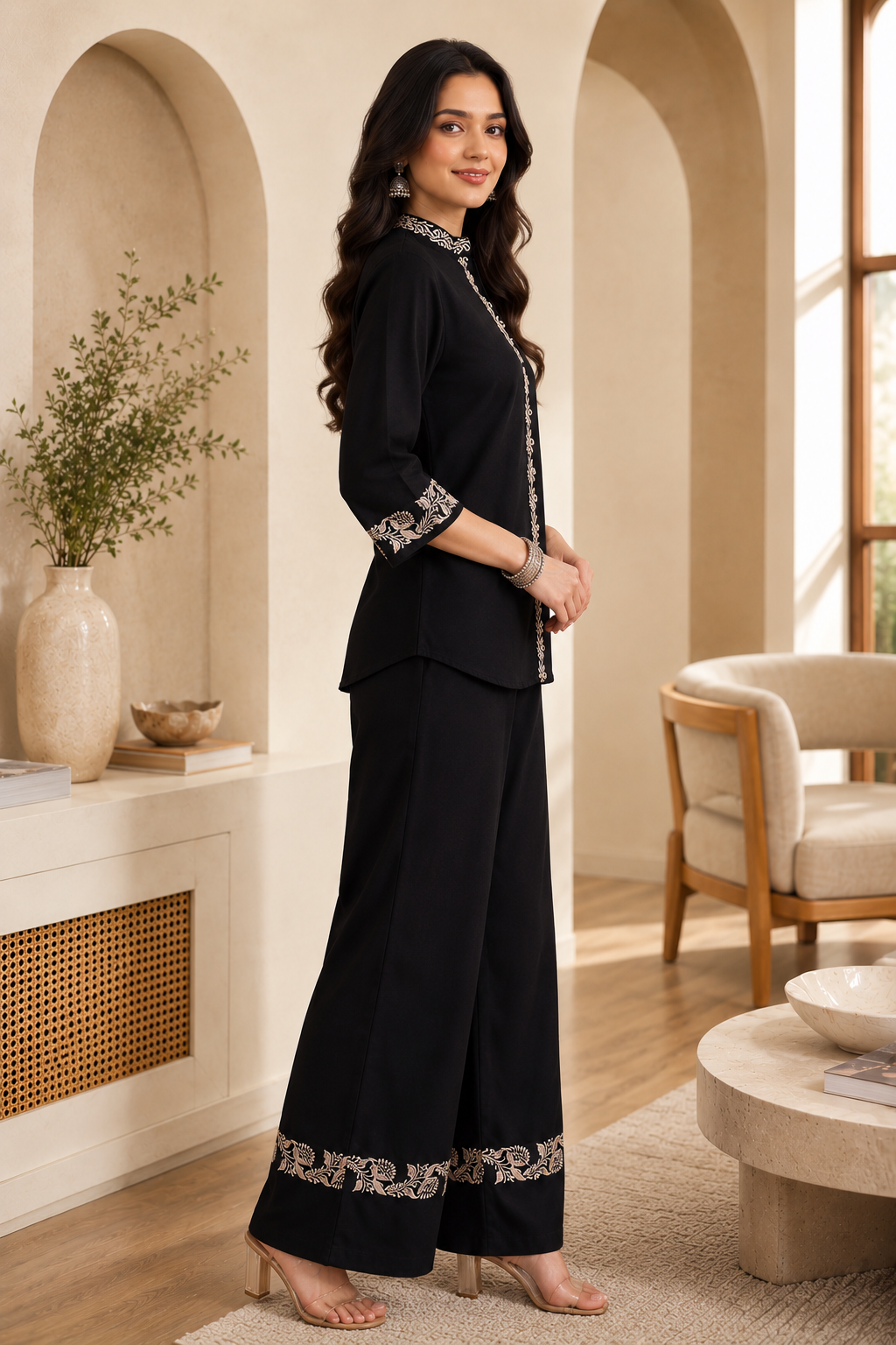 Black Floral Embroidered Viscose Rayon Co-Ord Set for Women