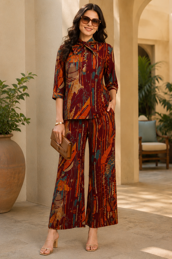 Purple Abstract Chanderi Silk Co-Ord Set for Women 3/4th