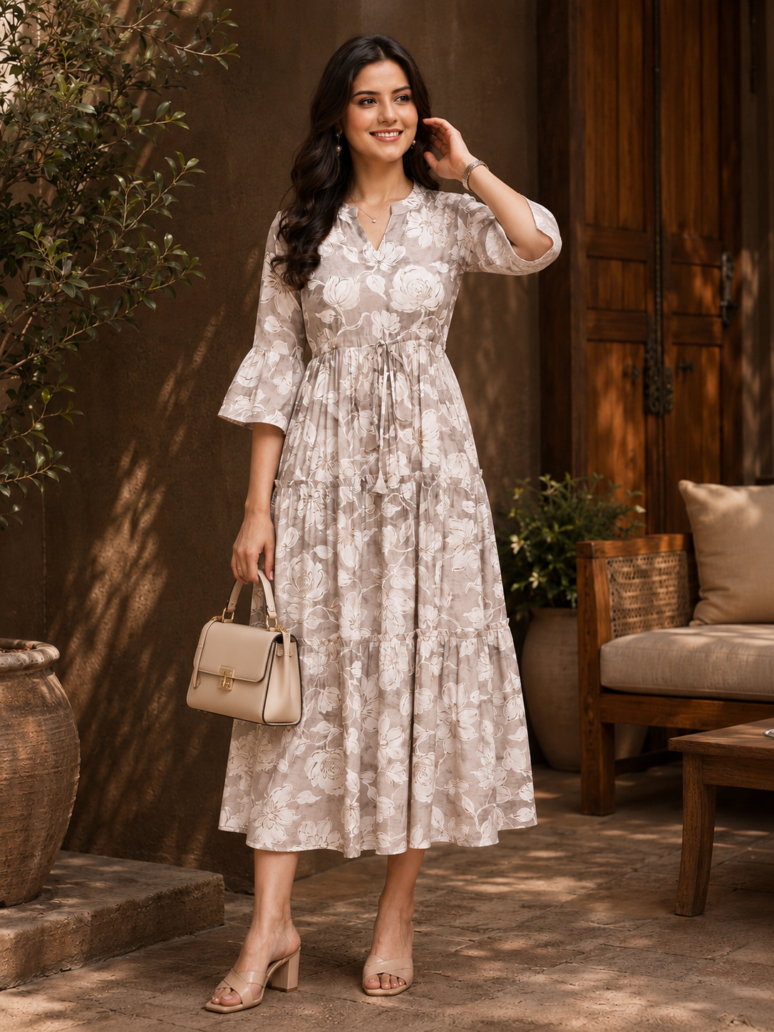 Cream Chanderi Floral Printed Dress for Women | Claura