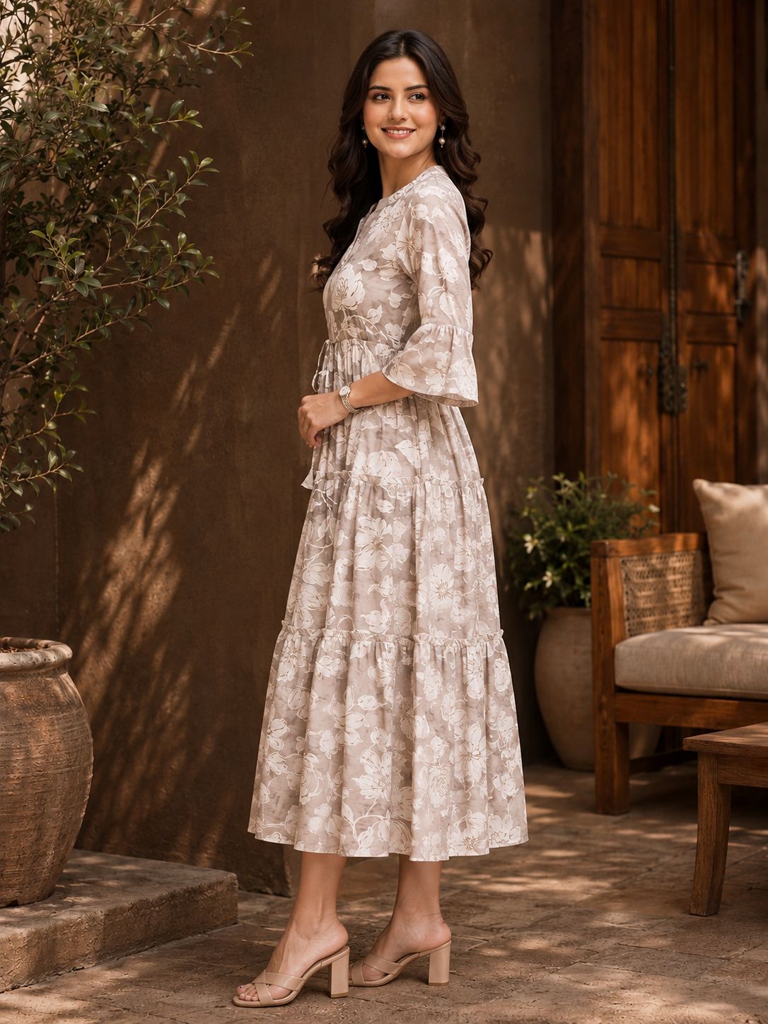 Cream Chanderi Floral Printed Dress for Women | Claura