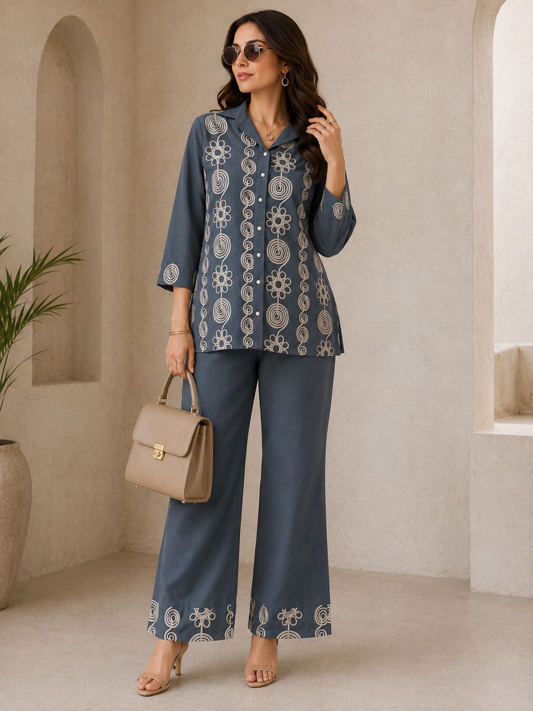 Grey Floral Embroidered Linen Tunic Set with Palazzos