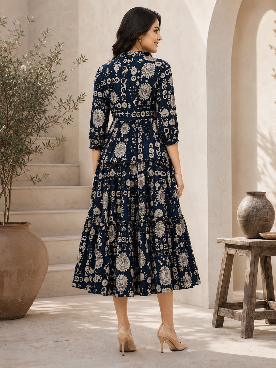 Navy Blue Chanderi Abstract Printed Dress for Women | Claura