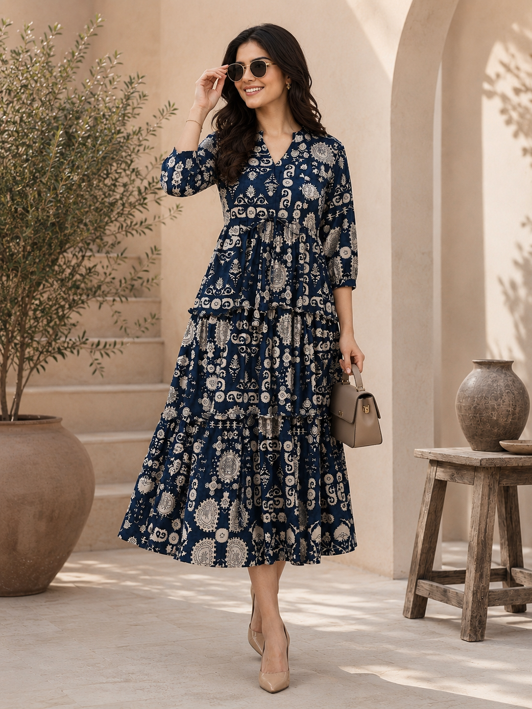 Navy Blue Chanderi Abstract Printed Dress for Women | Claura