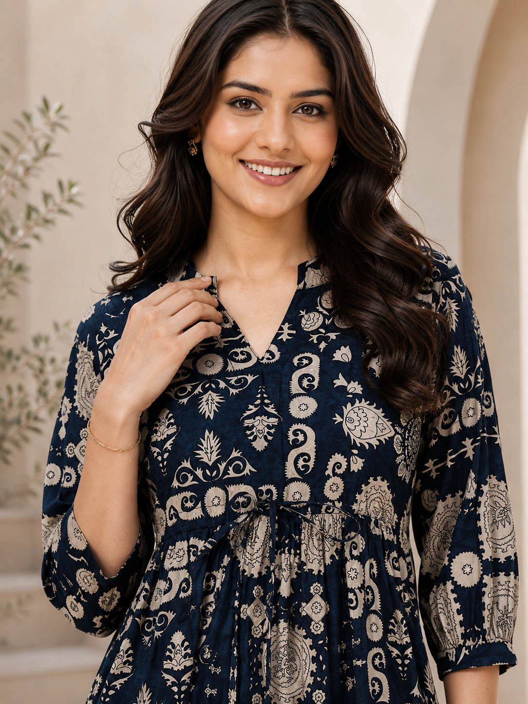 Navy Blue Chanderi Abstract Printed Dress for Women | Claura