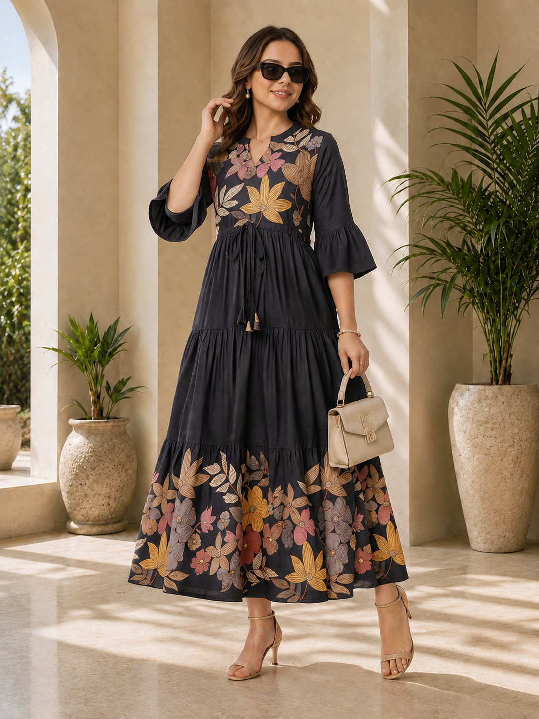 Grey Viscose Rayon Floral Printed Dress for Women | Claura