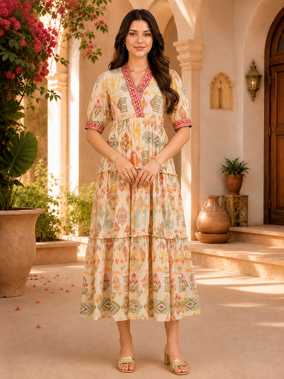 Multi Color Ethnic Motifs Printed Chanderi Silk Dress For Women