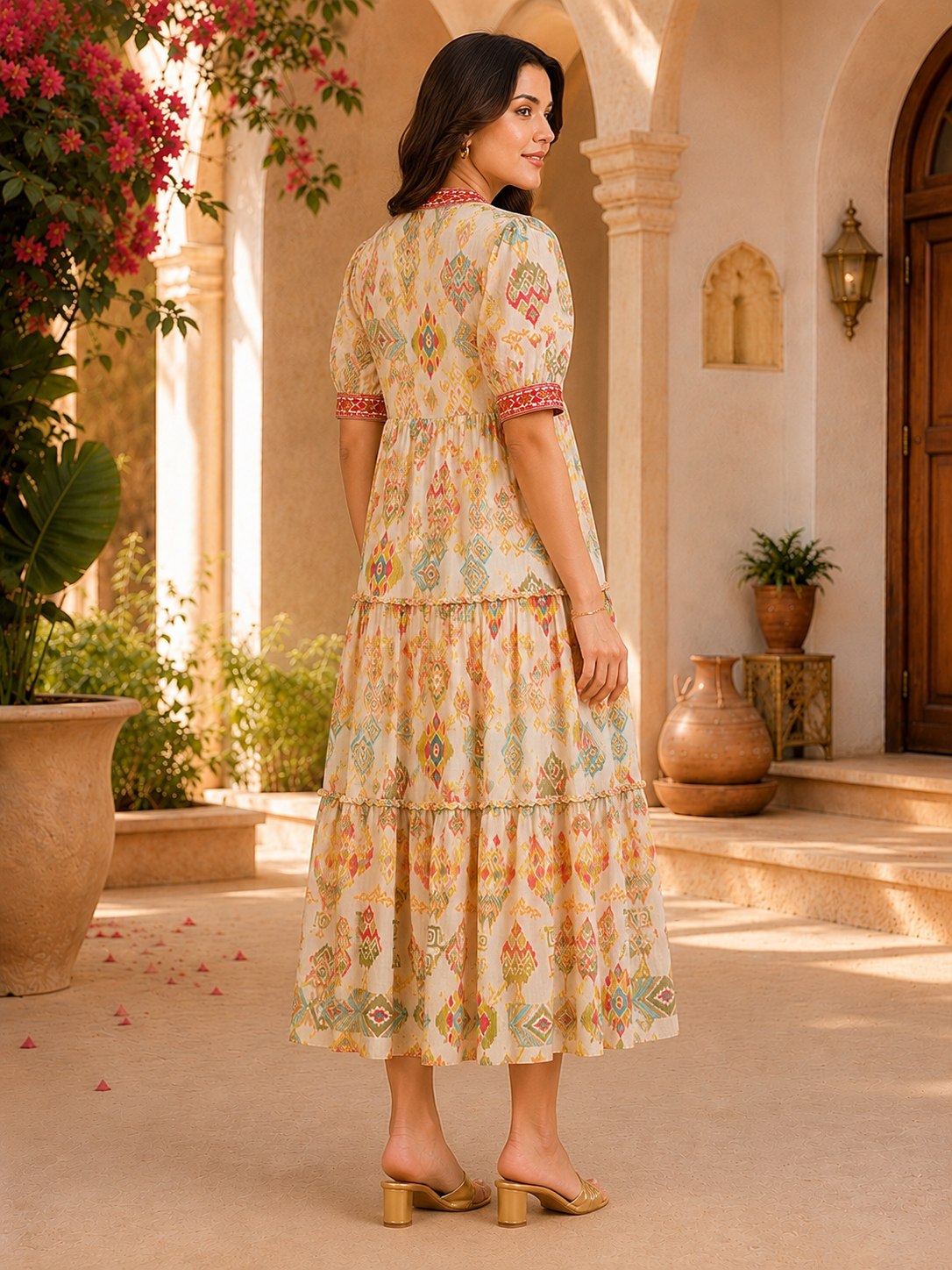 Multi Color Ethnic Motifs Printed Chanderi Silk Dress For Women