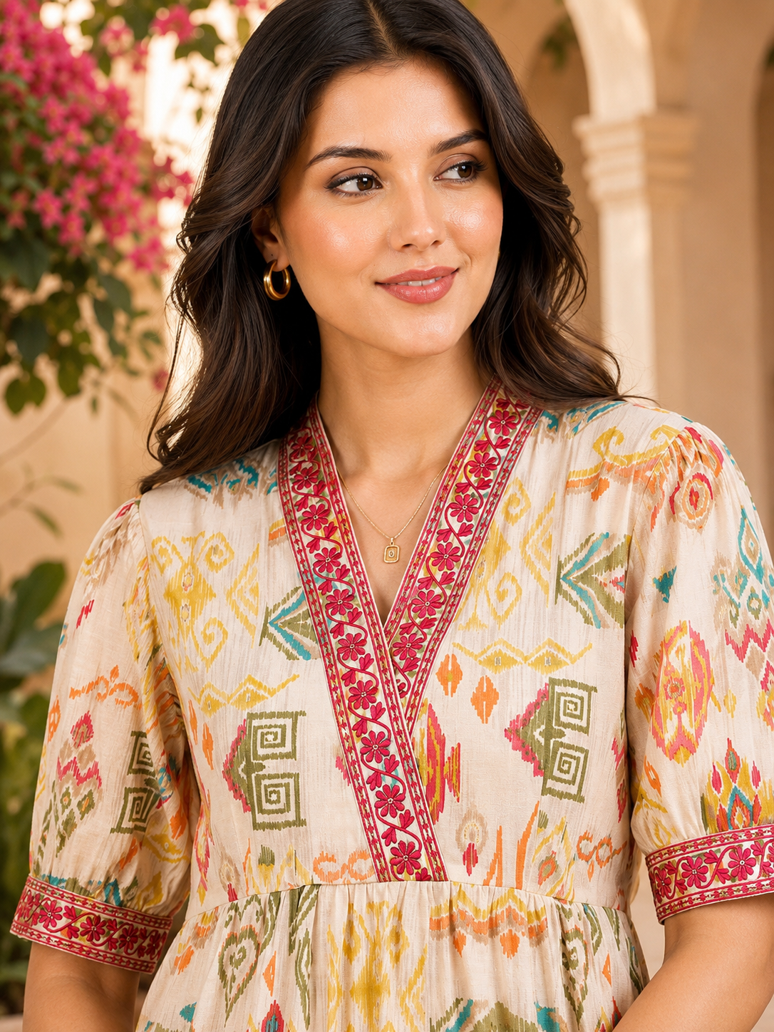 Multi Color Ethnic Motifs Printed Chanderi Silk Dress For Women
