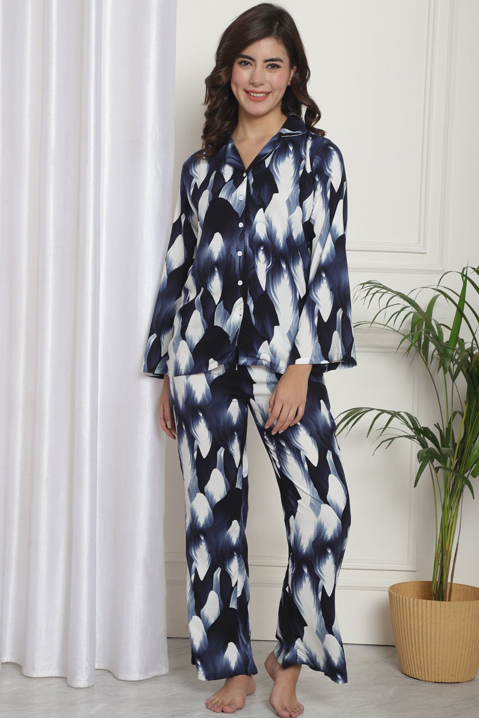 Woman wearing Blue Abstract Printed Night Suit 
