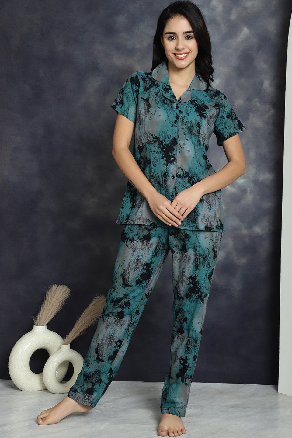 Green Abstract Printed Viscose Rayon Night Suit for Women by Claura

