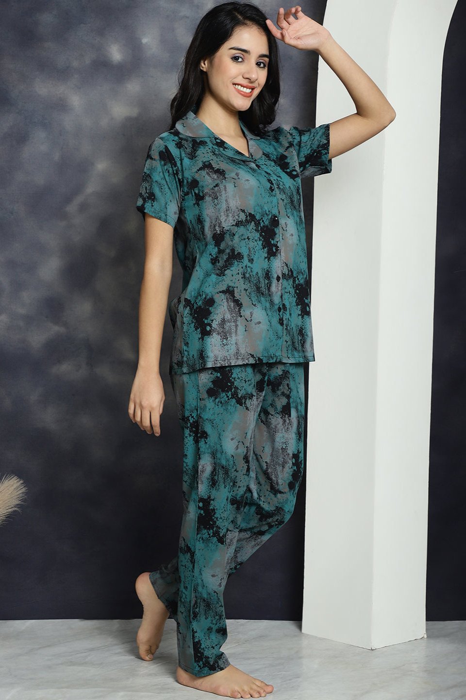 Green Abstract Printed Viscose Rayon Night Suit for Women by Claura

