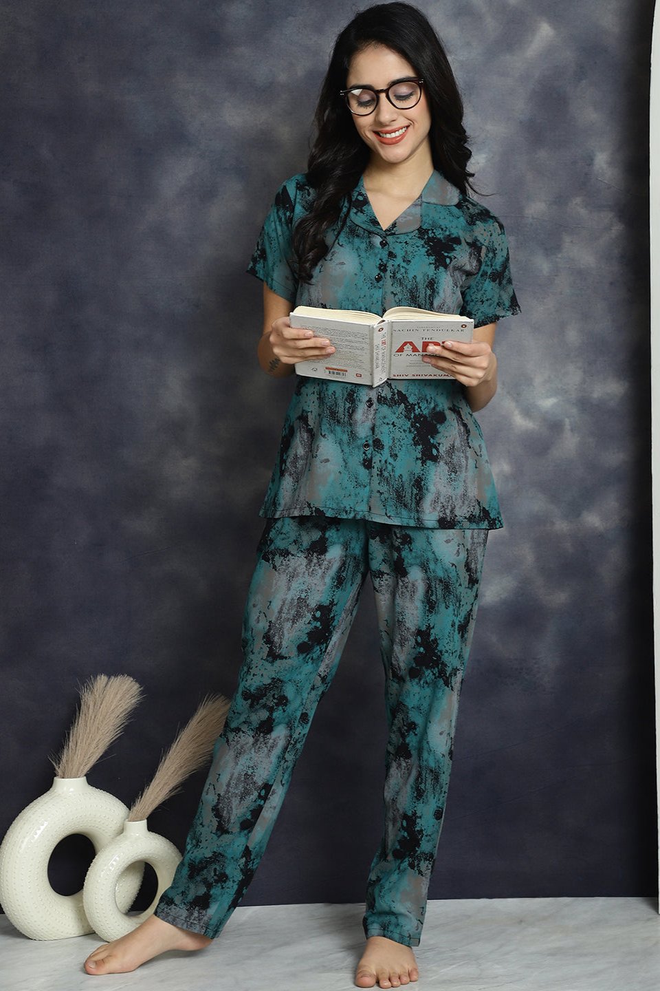 Woman wearing Navy Blue Abstract Night Suit (
