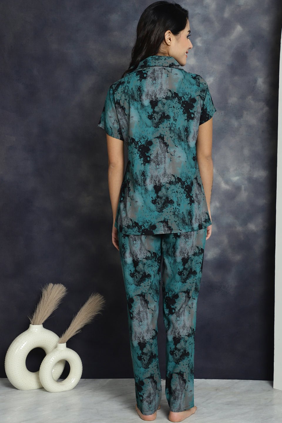 Green Abstract Printed Viscose Rayon Night Suit for Women by Claura


