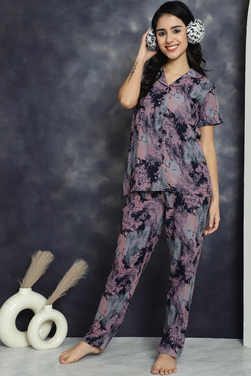 Pink Abstract Printed Viscose Rayon Night Suit for Women by Claura

