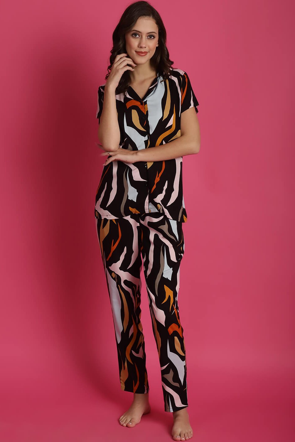 Woman wearing Black Abstract Night Suit 