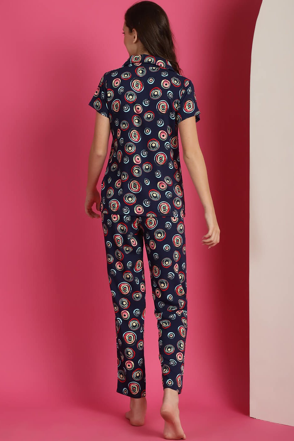 Navy Blue Abstract Printed Viscose Rayon Night Suit for Women by Claura