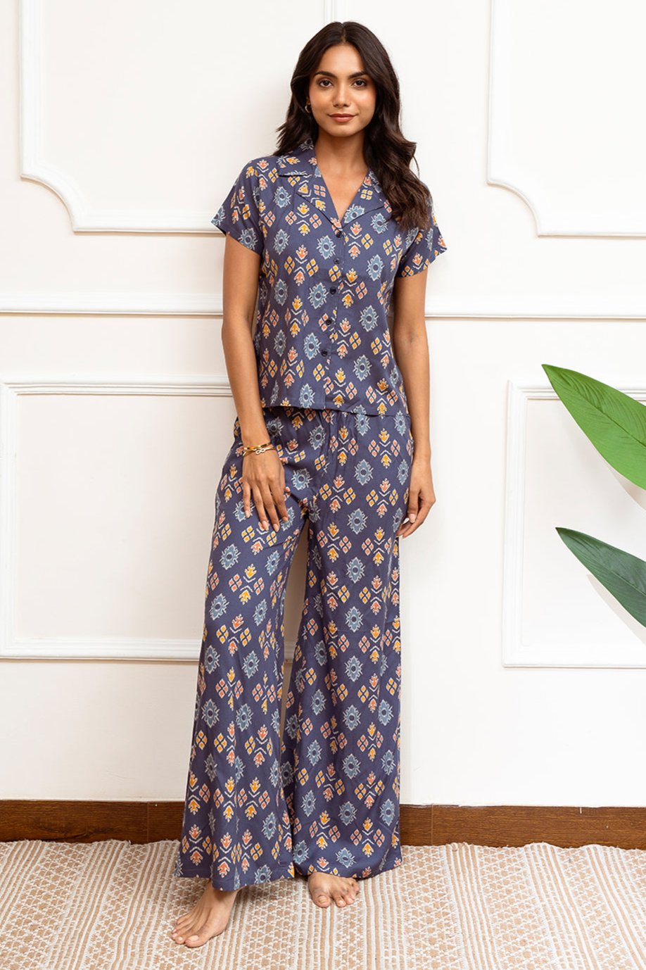 Blue Abstract Printed Viscose Rayon Night Suit for Women by Claura

