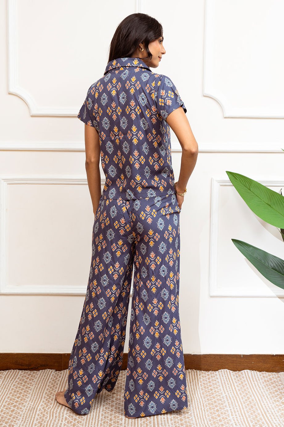 Blue Abstract Printed Viscose Rayon Night Suit for Women by Claura

