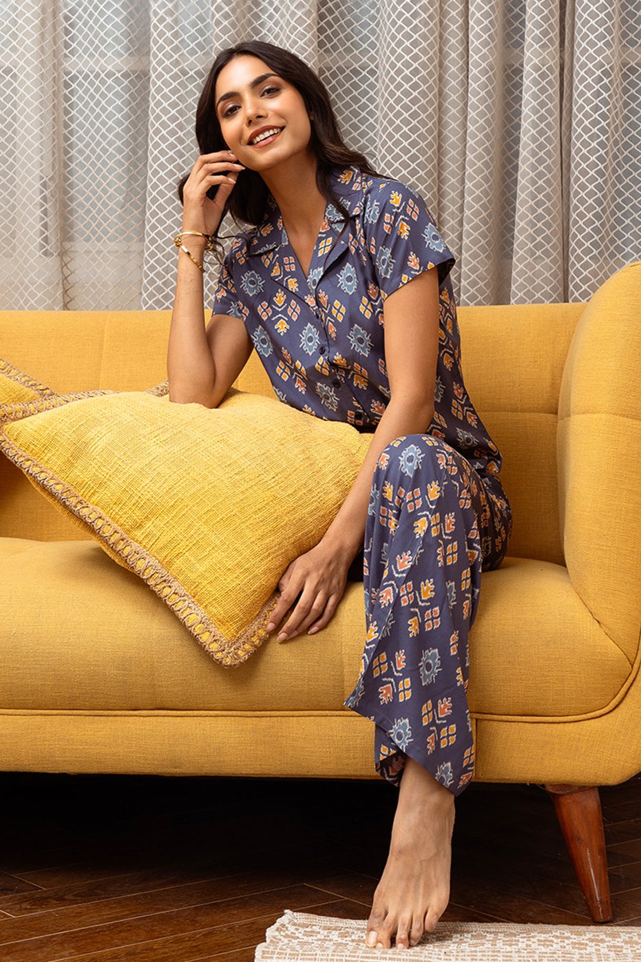 Blue Abstract Printed Viscose Rayon Night Suit for Women by Claura

