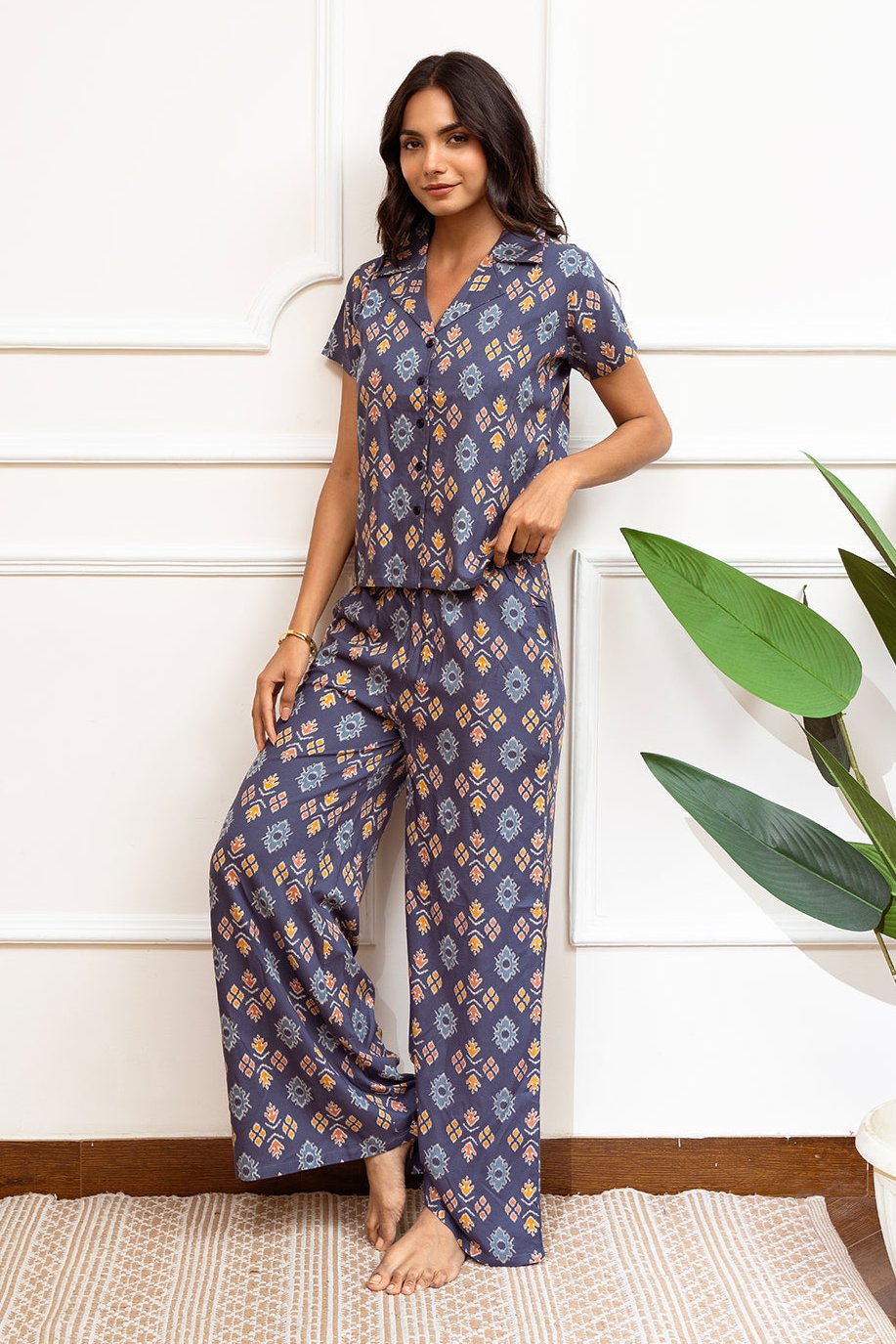Blue Abstract Printed Viscose Rayon Night Suit for Women by Claura

