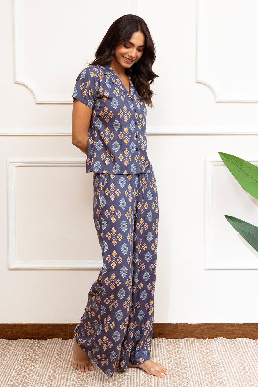 Blue Abstract Printed Viscose Rayon Night Suit for Women by Claura

