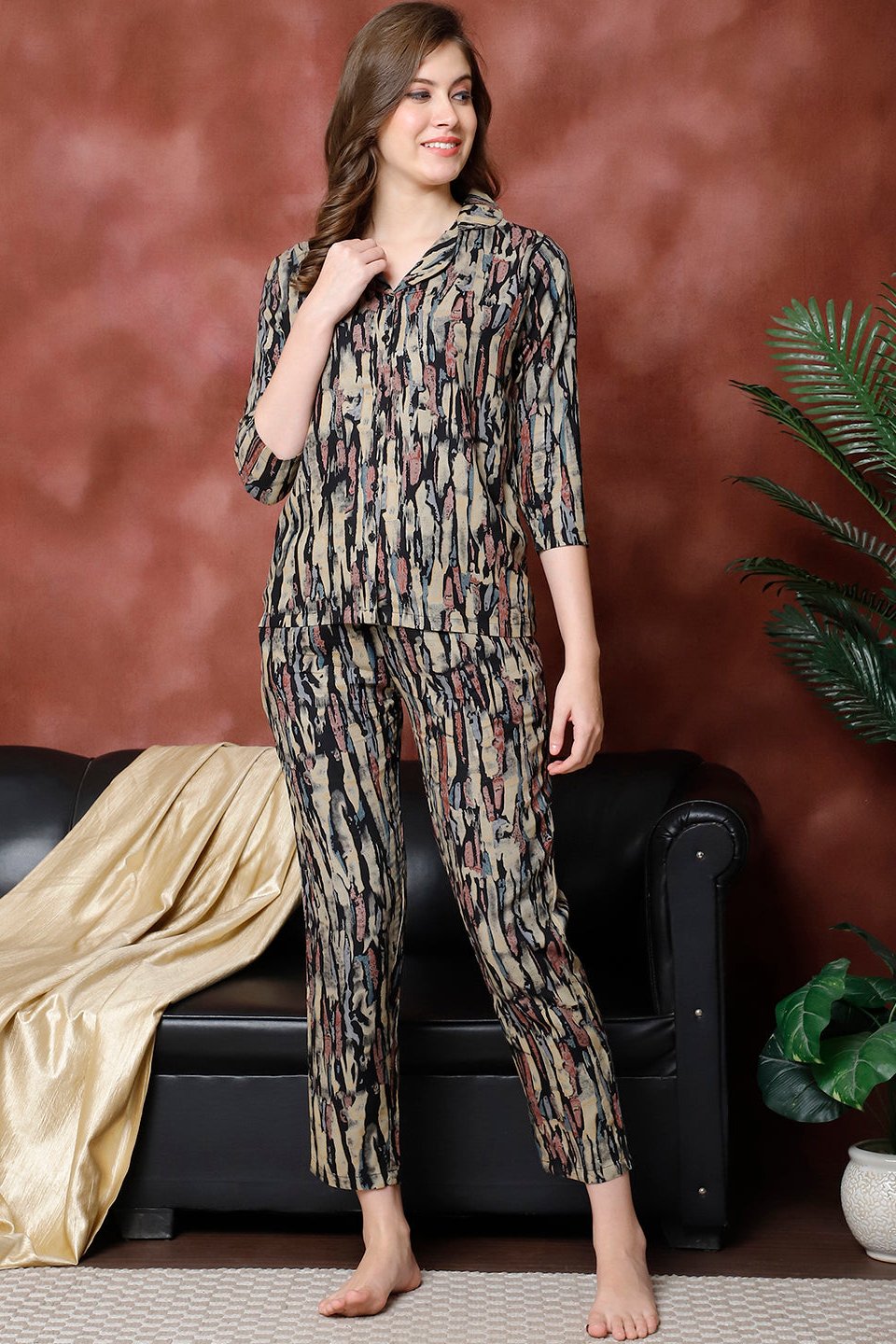 Black Abstract Printed Viscose Rayon Night Suit for Women by Claura

