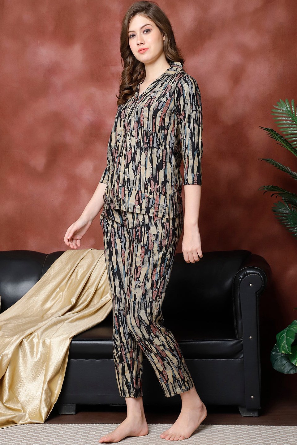 Black Abstract Printed Viscose Rayon Night Suit for Women by Claura

