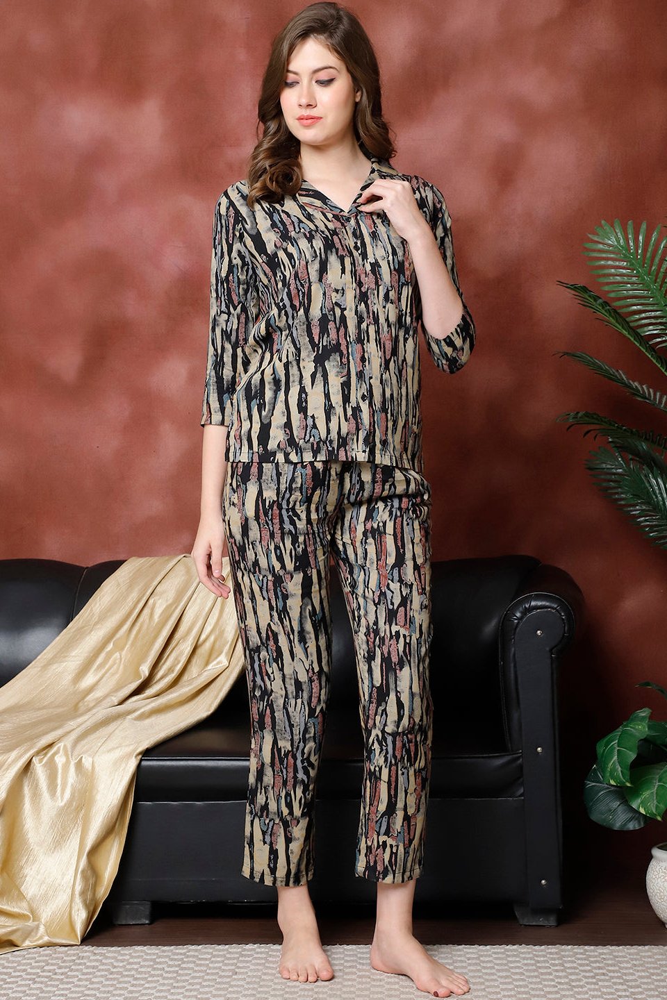 Black Abstract Printed Viscose Rayon Night Suit for Women by Claura

