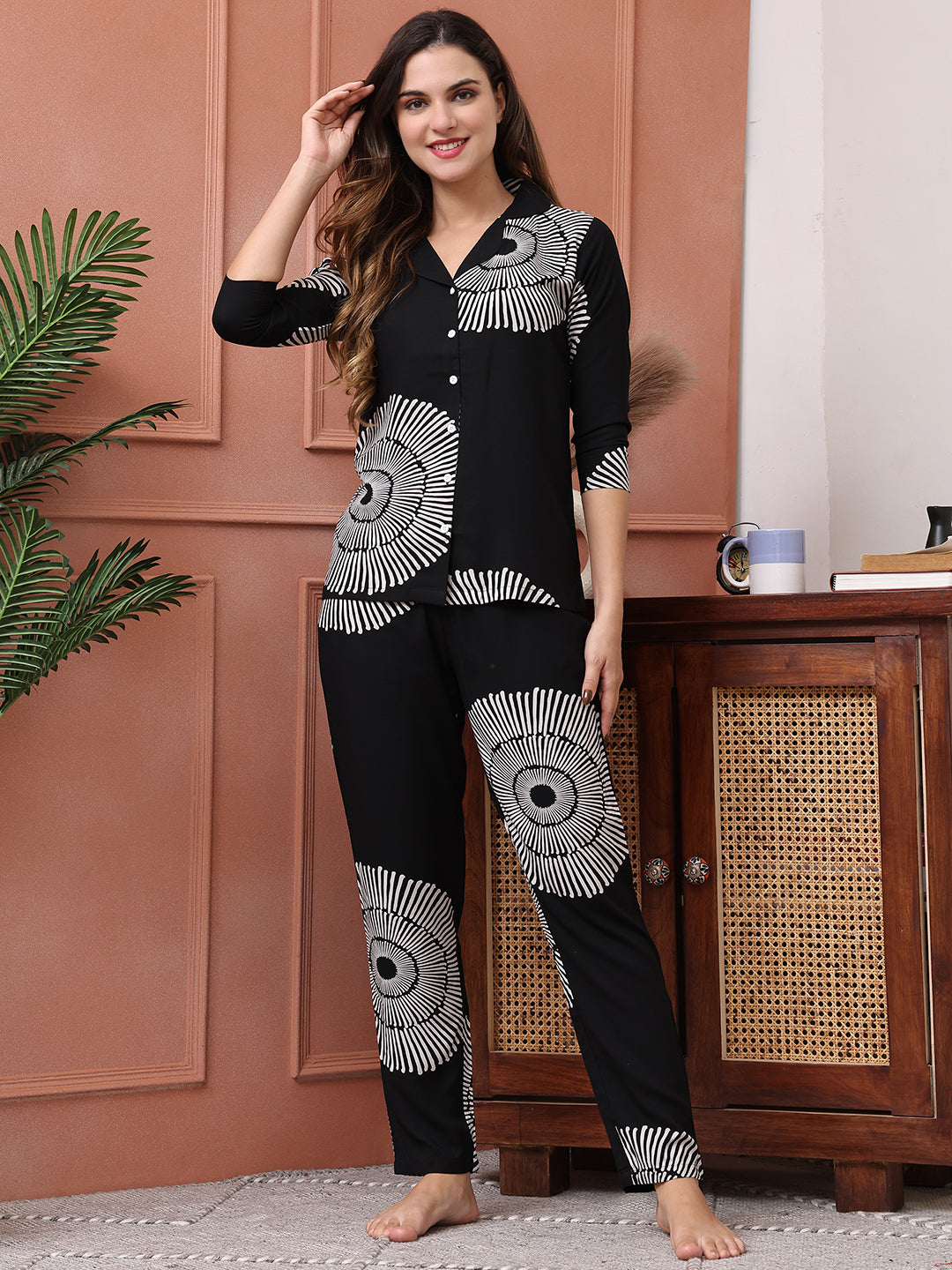 Black Abstract Printed Viscose Rayon Night Suit for Women by Claura

