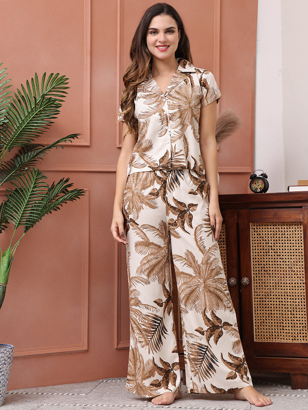Beige Tropical Printed Viscose Rayon Night Suit for Women by Claura

