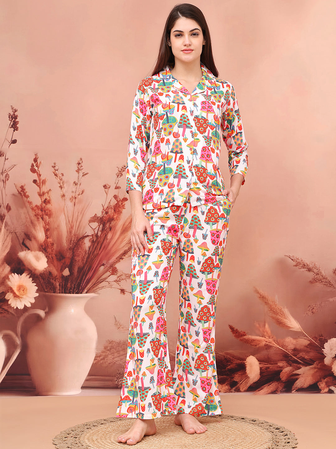 Multi-Color Abstract Printed Viscose Rayon Night Suit for Women by Claura

