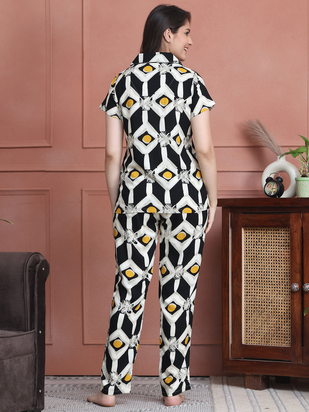 Black Colour Abstract Printed Viscose Rayon Night Suit