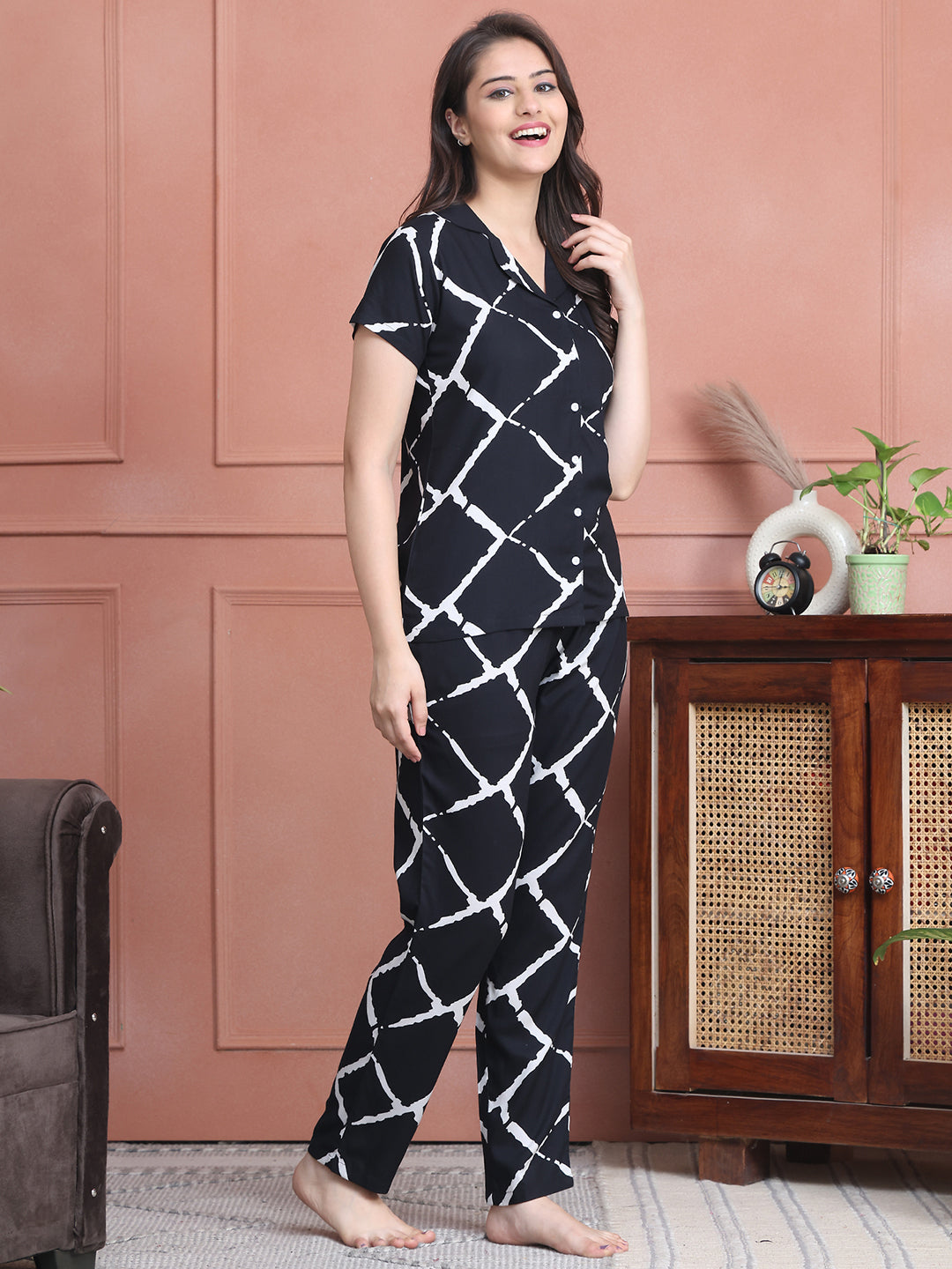 Black Colour Abstract Printed Viscose Rayon Night Suit